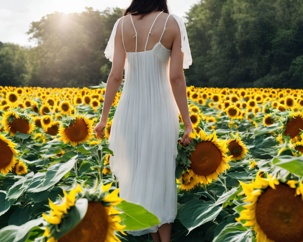 Woman in white dress and straw hat walking in sunflower field on sunny day