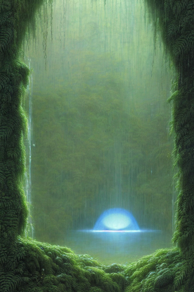 Enchanting forest pond with glowing blue orb and waterfall