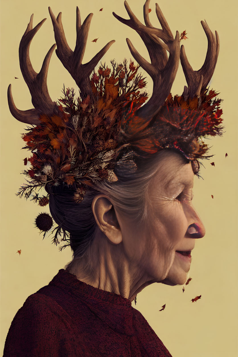 Elderly Woman Profile with Elaborate Autumn Antlers