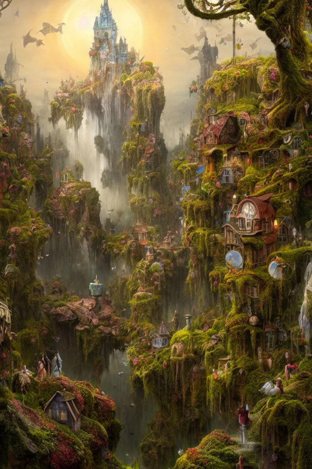 Verdant cliffs, cascading waterfalls, whimsical houses in mystical fantasy landscape