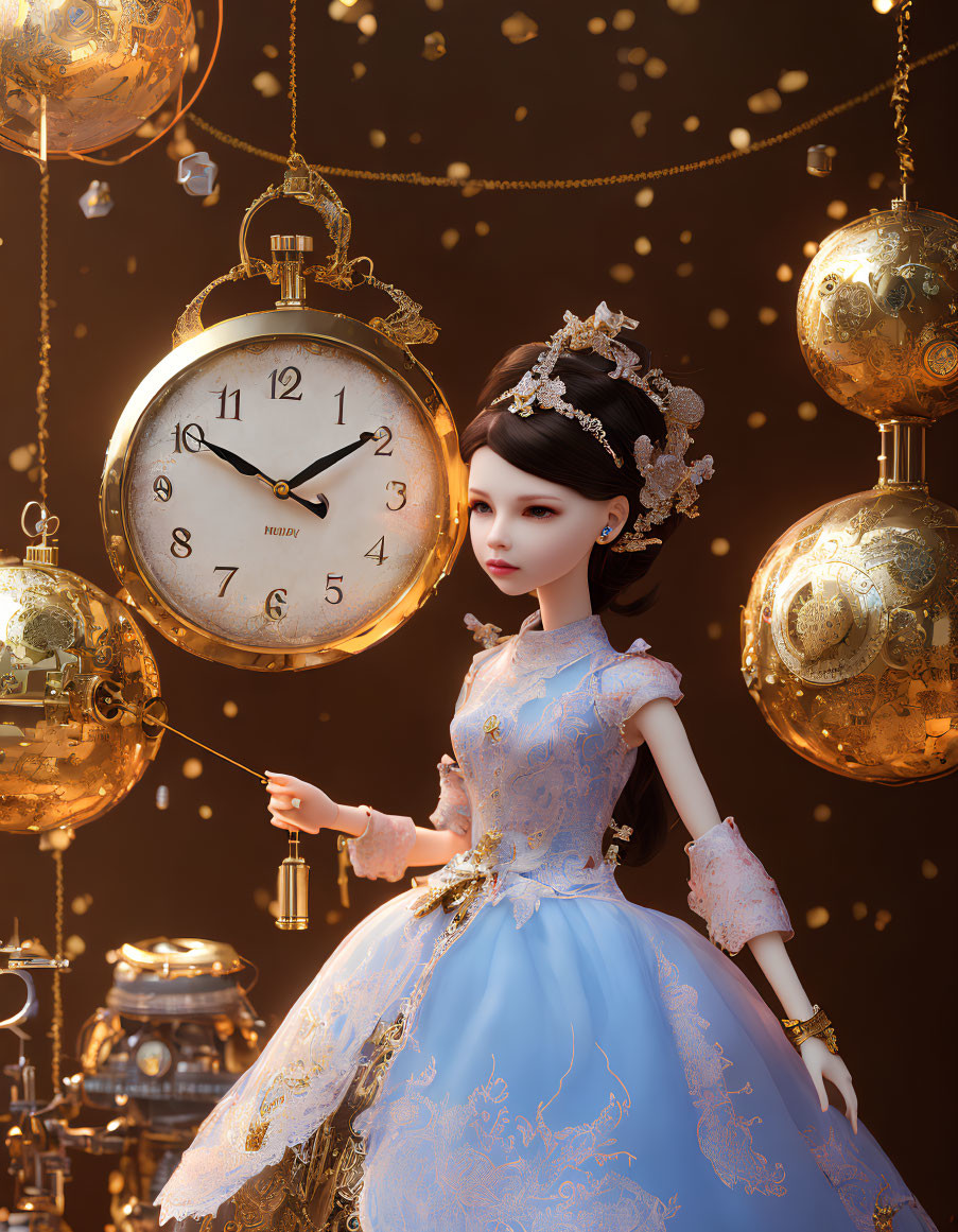 Elegant doll in blue dress with golden embroidery among antique clocks.