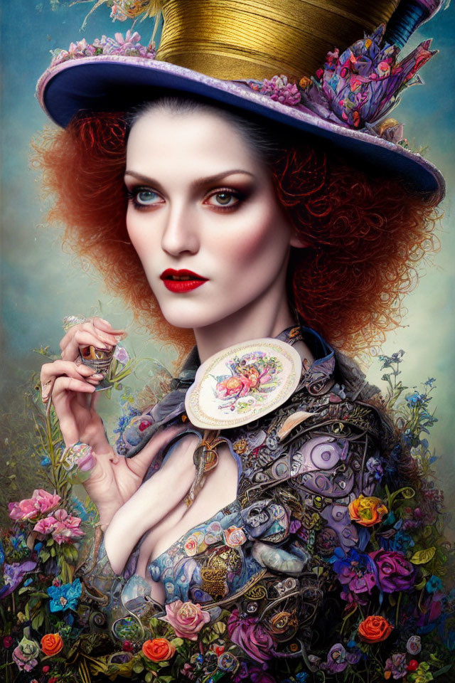 Portrait of woman with red hair, teacup, floral outfit, and top hat.