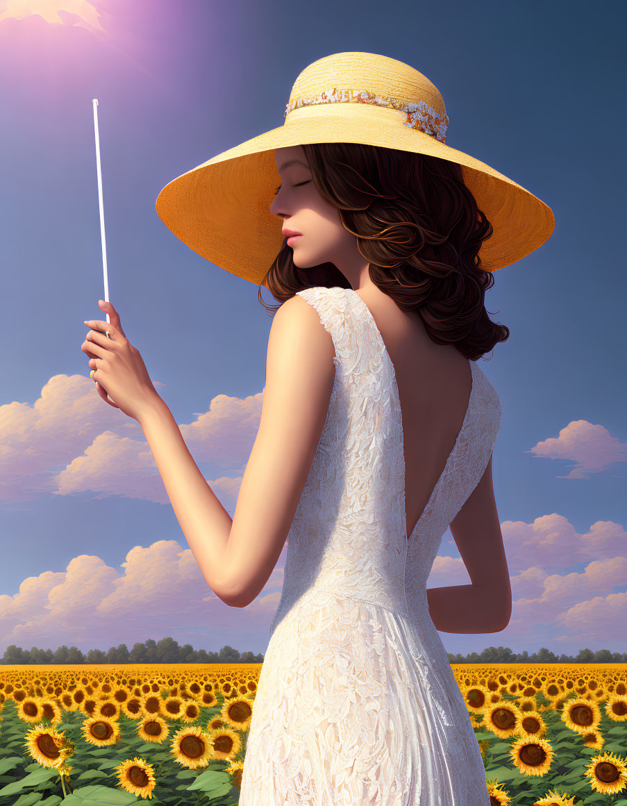 Woman in white dress and straw hat among sunflowers with conductor's baton.