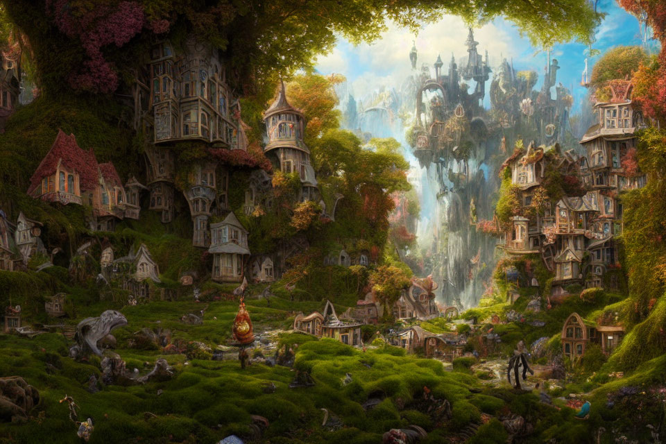 Fantastical landscape with lush forest, whimsical houses, waterfalls, and spires under warm