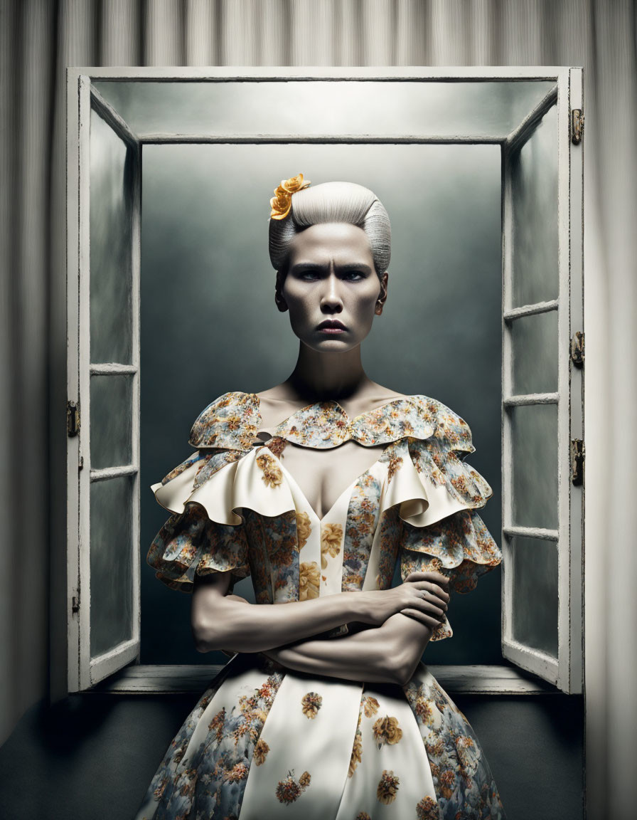 Elaborate White Hairstyle and Floral Dress Woman by Open Window
