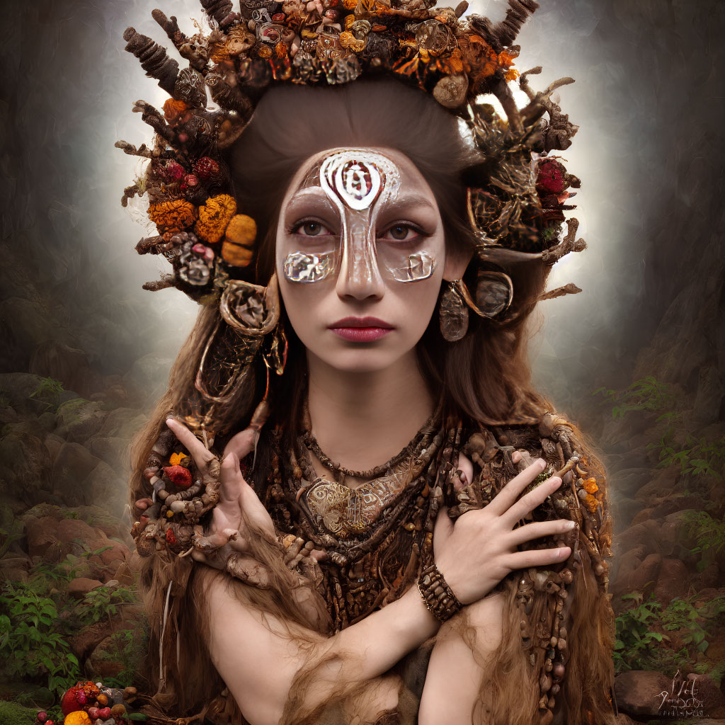 Person in mystical forest with elaborate twig headdress and white facial markings