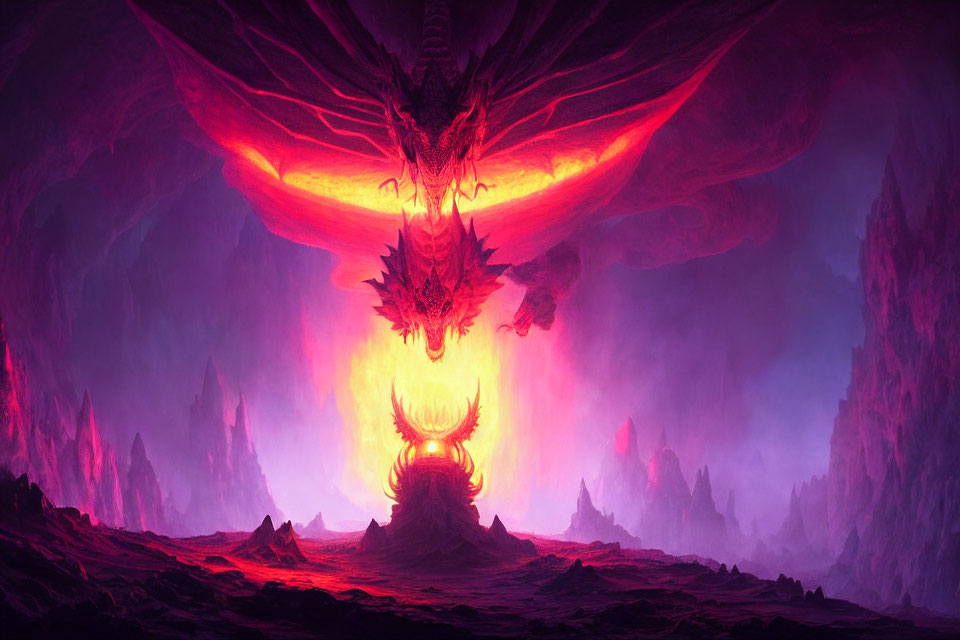 Majestic dragon hovering above fiery throne in glowing cavernous realm