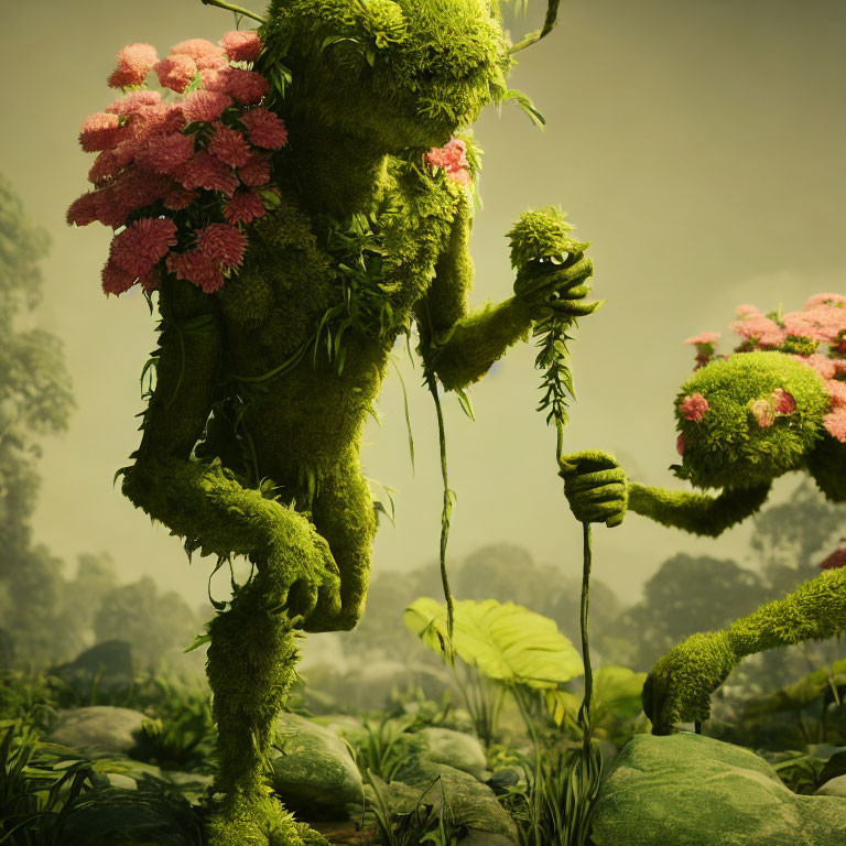 Moss-covered creature with pink flowers in misty forest landscape
