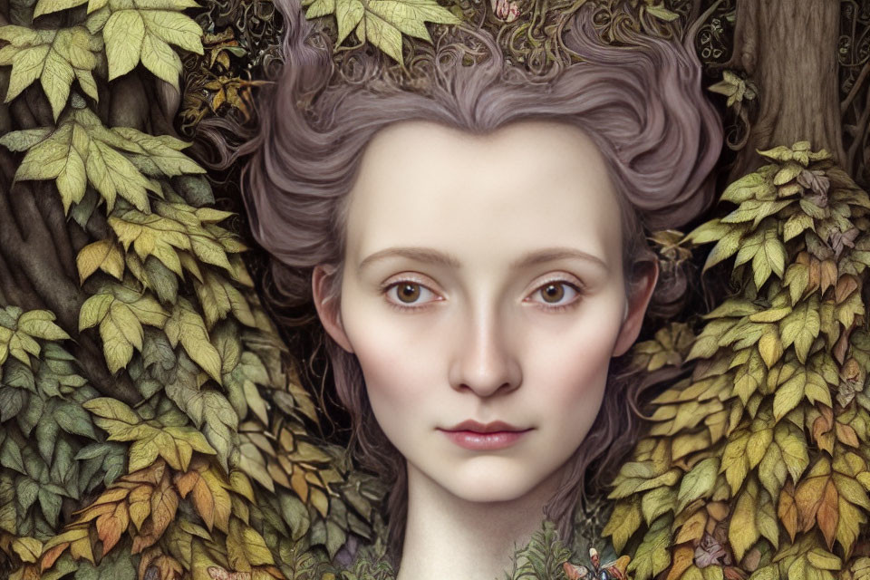 Detailed Digital Painting of Woman with Pale Skin and Light Brown Eyes in Lush Green and Autumn-Colored