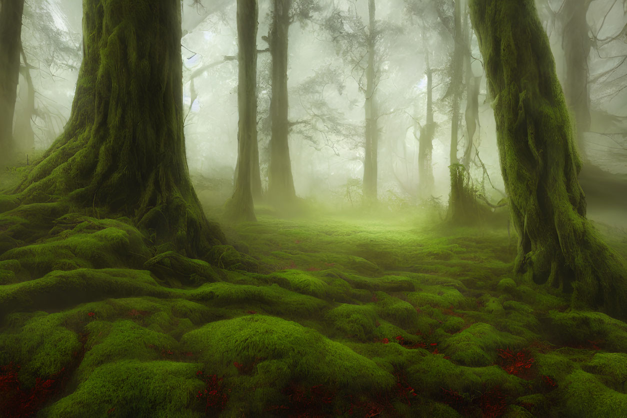 Misty moss-covered forest with ancient trees in foggy ambiance