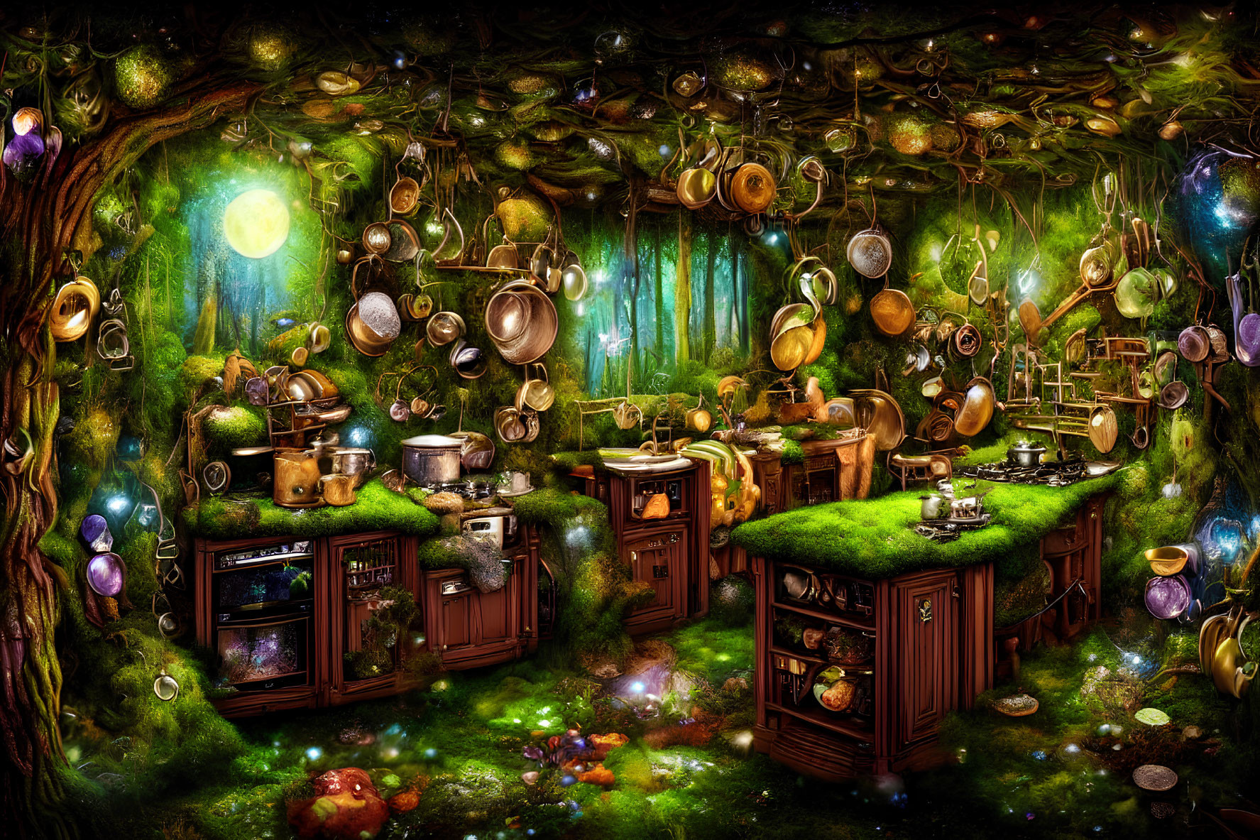 Enchanting kitchen with magical trees, glowing orbs, hanging pots, and pans