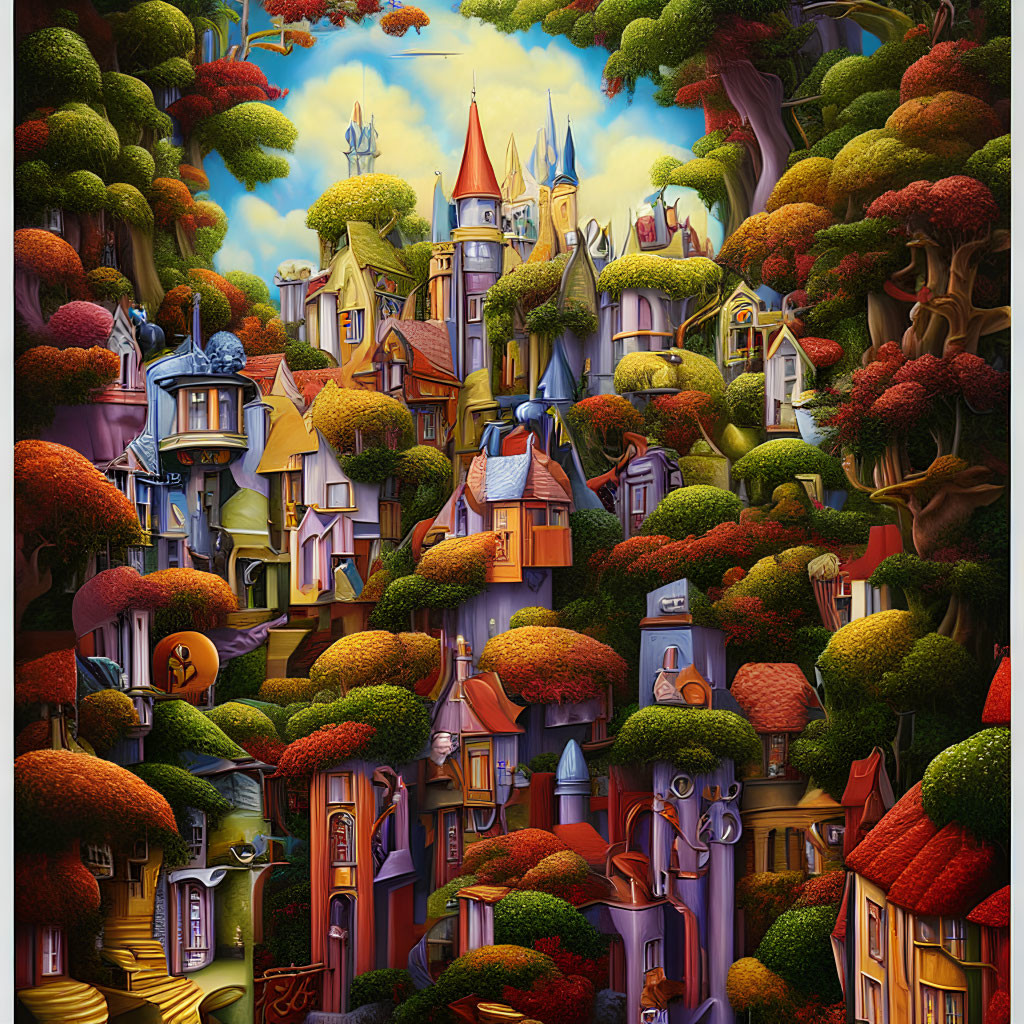 Fantasy village with whimsical houses and castles in lush setting