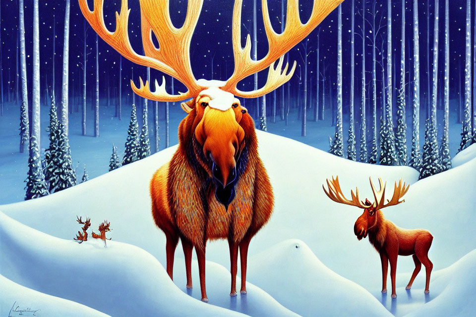 Detailed illustration of giant moose with exaggerated antlers in snowy forest