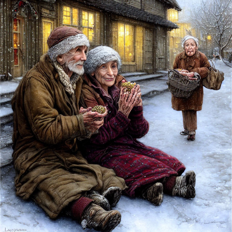 Elderly couple in snowy street with jewel, woman reacts in delight.