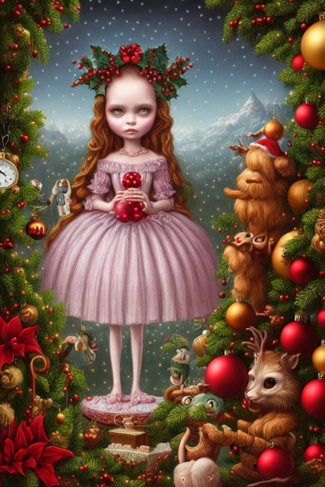 Whimsical Christmas-themed surreal girl illustration