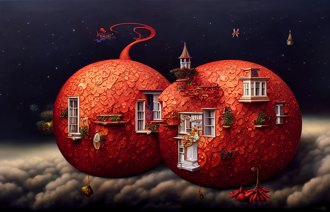 Interconnected Tomato-Like Planets with Surreal Architectural Elements