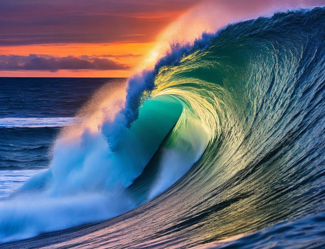 Ocean wave curling into a sunset barrel with blue and orange hues