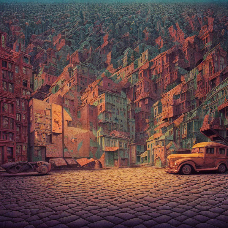 Distorted cityscape with vintage car and cobblestone street in warm hues
