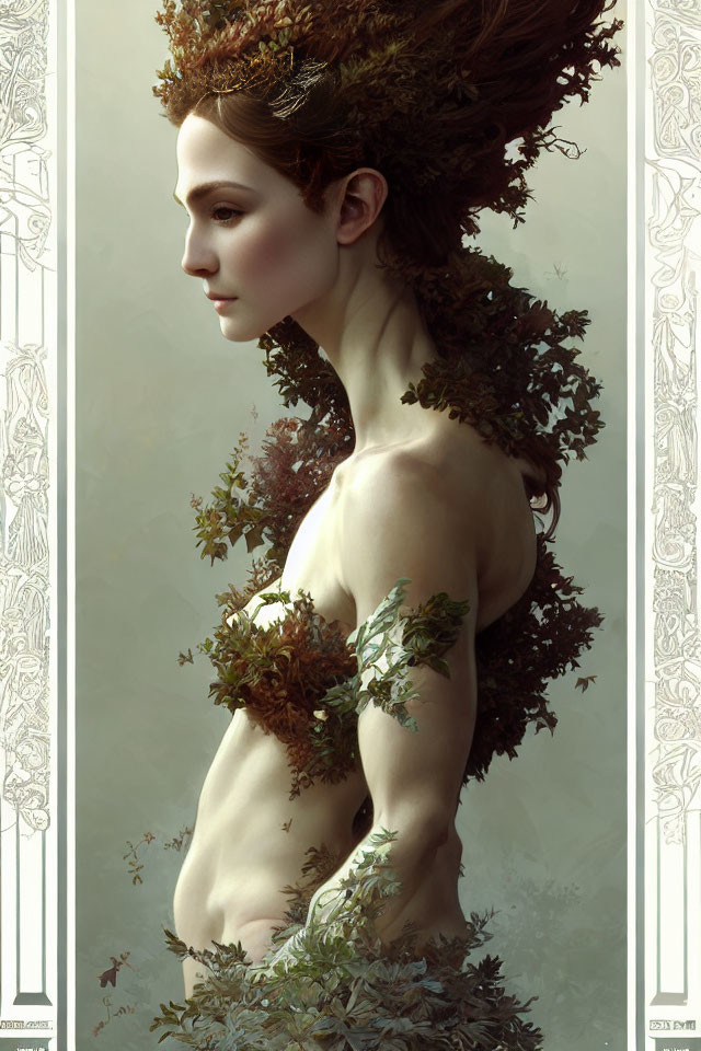 Person with serene expression adorned with nature-inspired elements