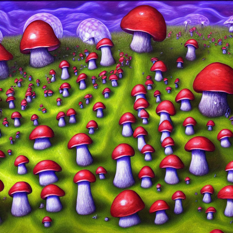 Colorful red and white mushrooms in a dreamy landscape