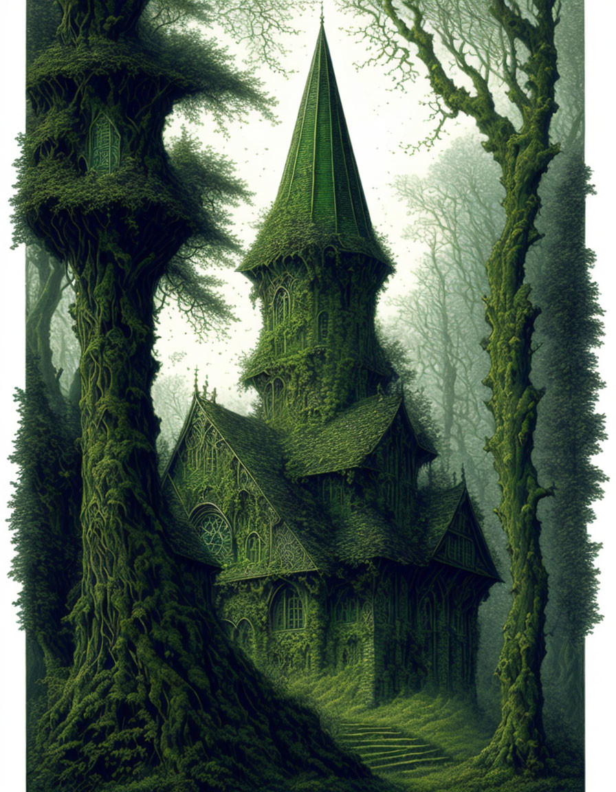 Intricate Gothic-style tower in misty forest with vine-wrapped trees
