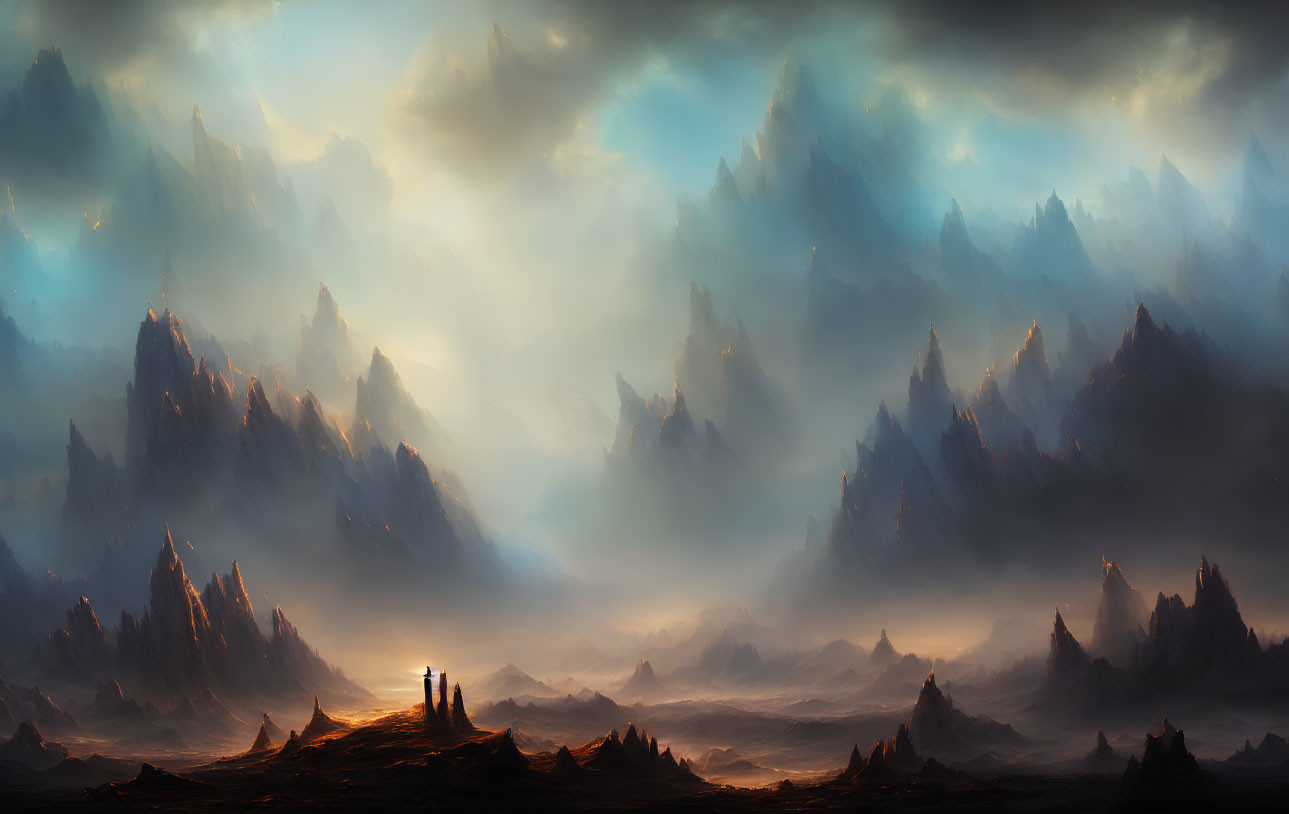 Silhouetted figures in mountain landscape under dramatic sky