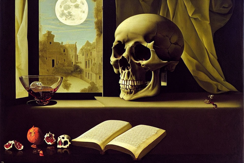 Still-life with large skull, open book, bowl, pomegranate halves, small skull,