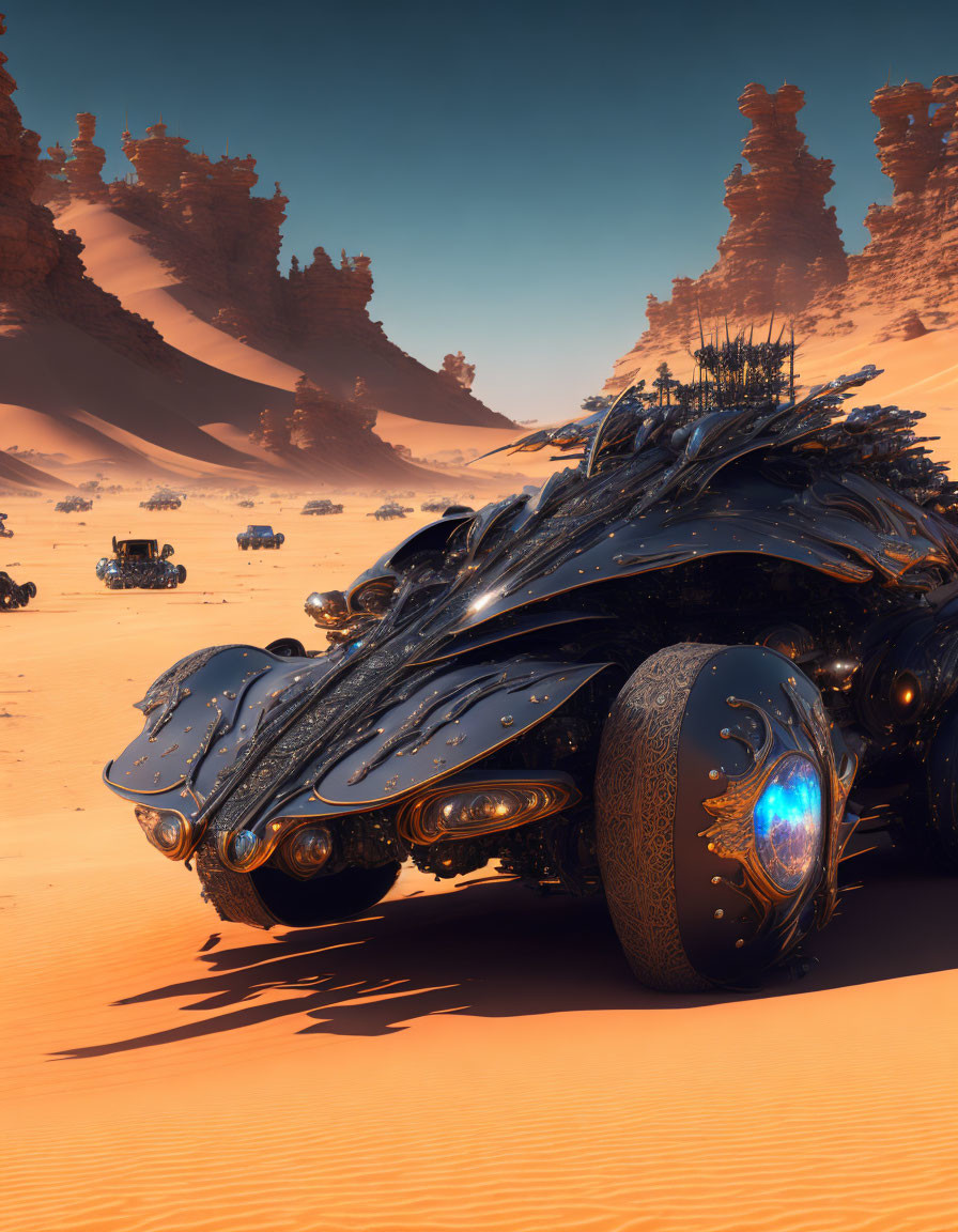 Black futuristic vehicle with glowing elements in desert landscape
