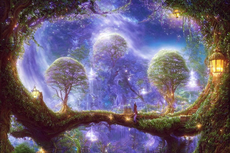 Enchanting forest scene with illuminated trees, bridge, lanterns, and celestial sky