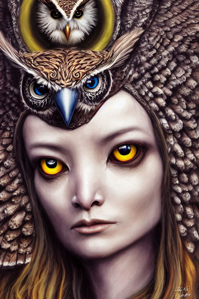 Surreal portrait of woman with owl features and intense yellow eyes