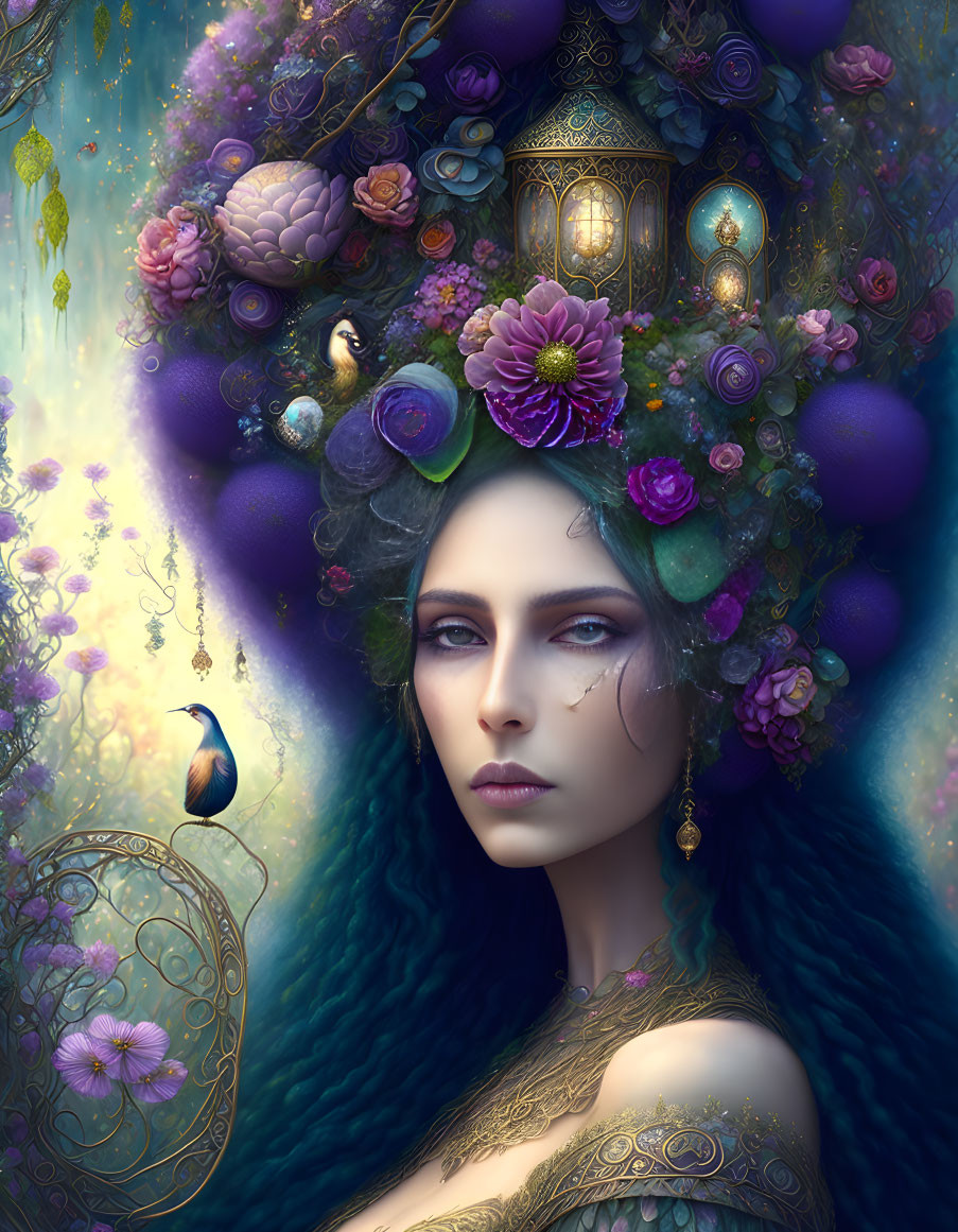 Vibrant purple and blue mystical portrait of a woman with floral headpiece, peacock, and