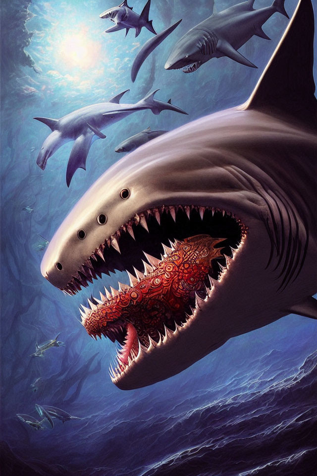 Multiple rows of sharp teeth large shark surrounded by smaller sharks underwater