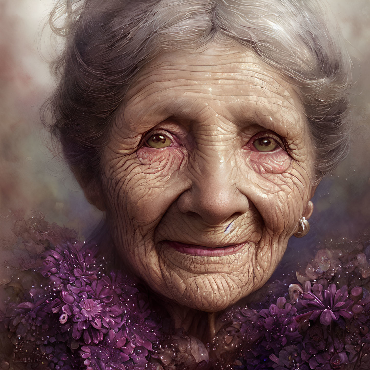 Elderly woman with warm smile, purple flowers, and pearl earring