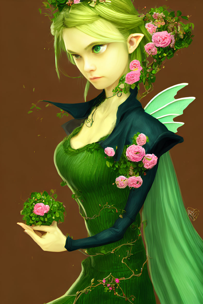 Digital artwork of fairy with green hair, rose crown, wings, and rose on brown background