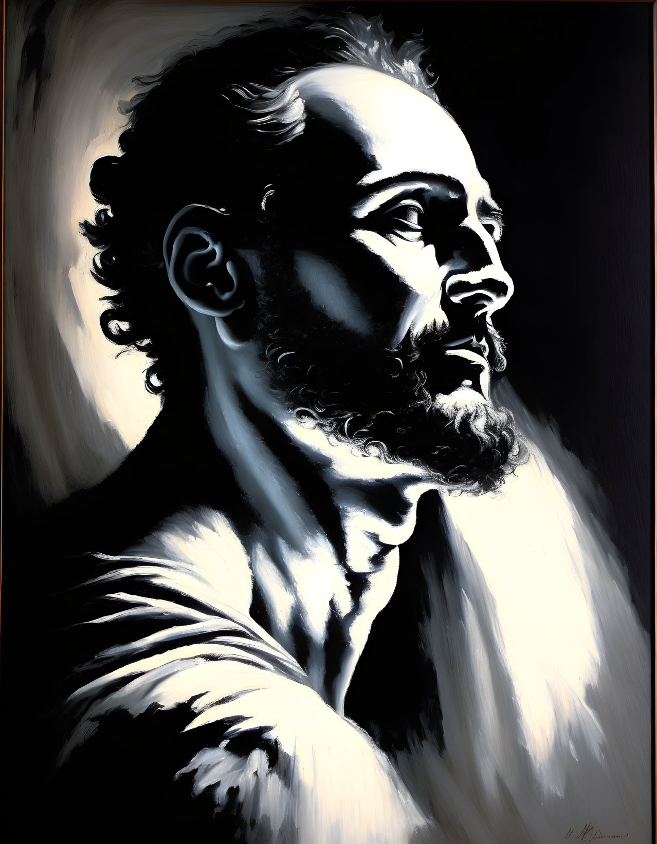 Monochrome portrait of bearded man in pensive gaze