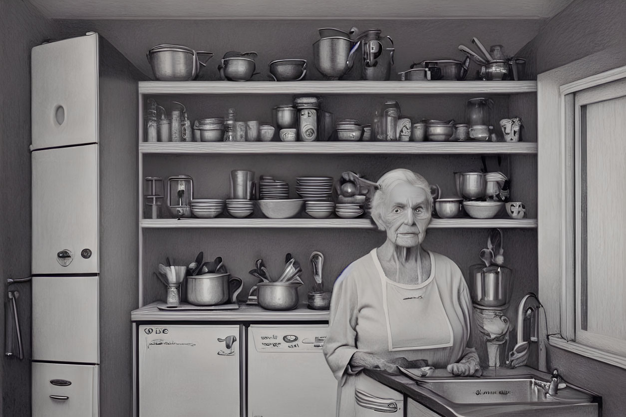 Elderly woman in vintage kitchen with pots, pans, and jars.