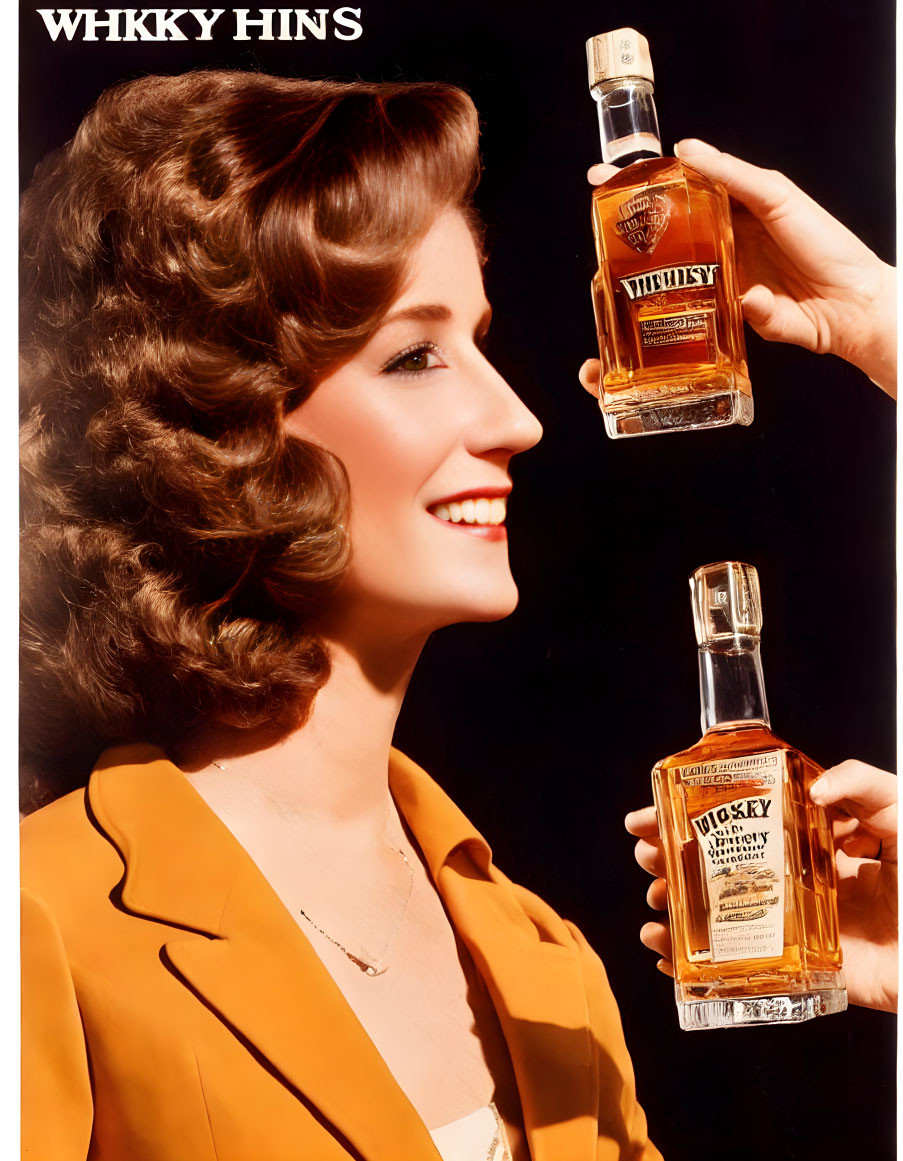 Smiling woman with wavy hair holding whiskey bottles on orange backdrop