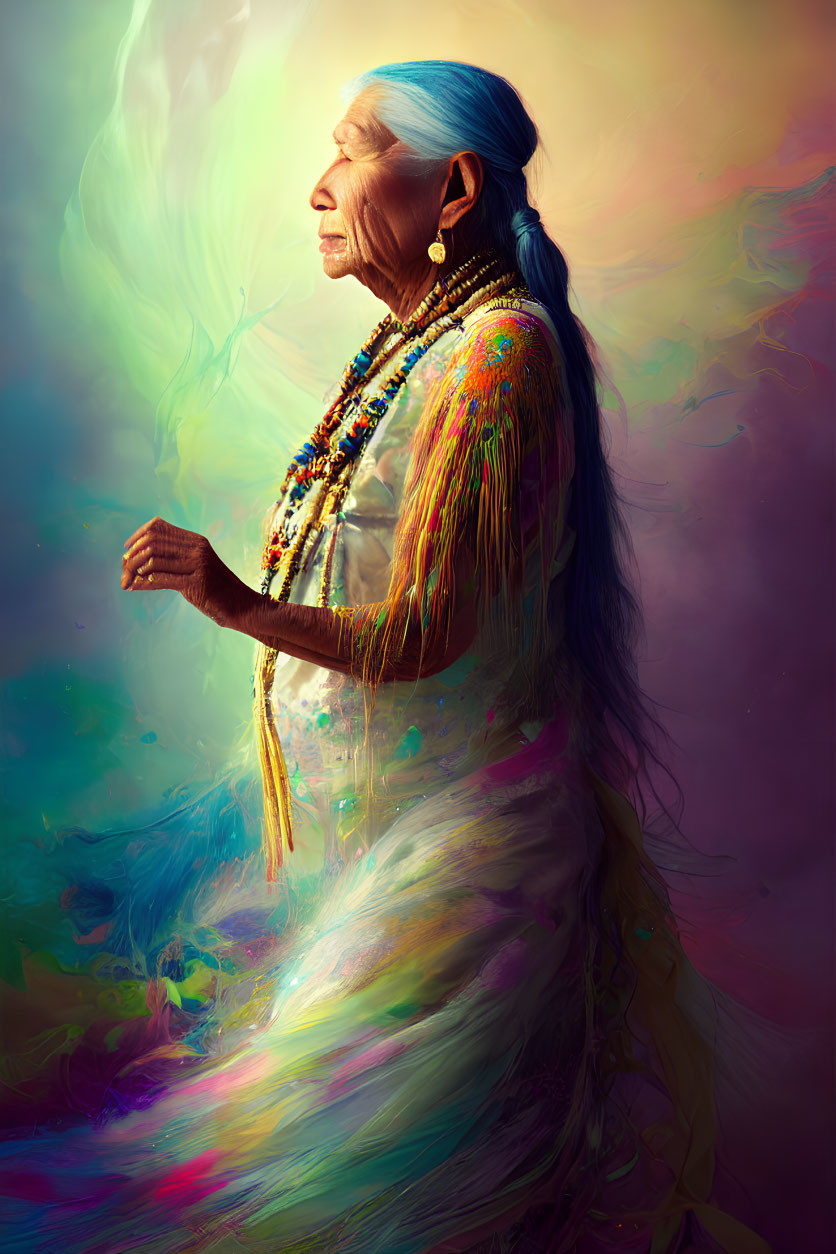 Elderly Woman in Blue Hair and Beaded Attire Among Colorful Swirls