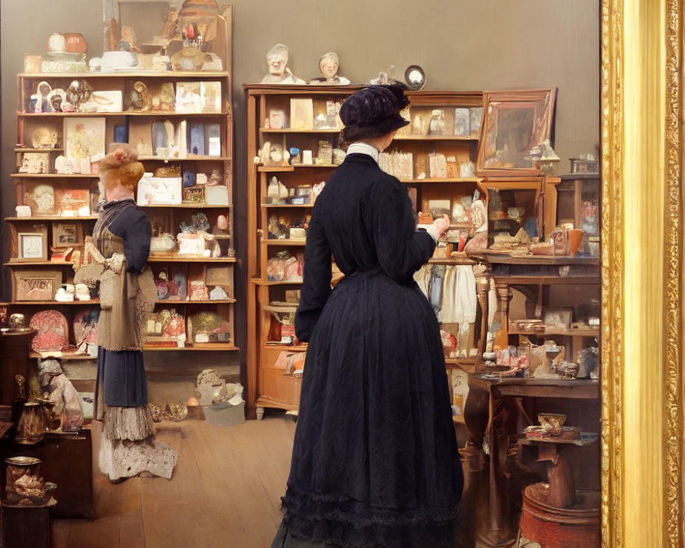 Victorian-dressed women browse vintage shop with shelves of curiosities