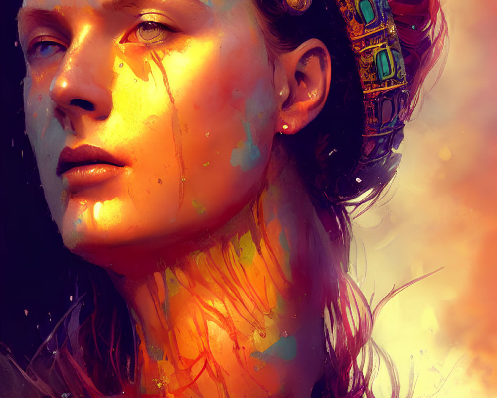 Digital painting of woman with jeweled headband in warm sunlight