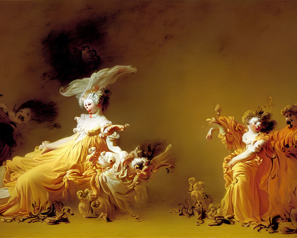 Baroque painting: Two women in yellow gowns with cherubs on dark backdrop