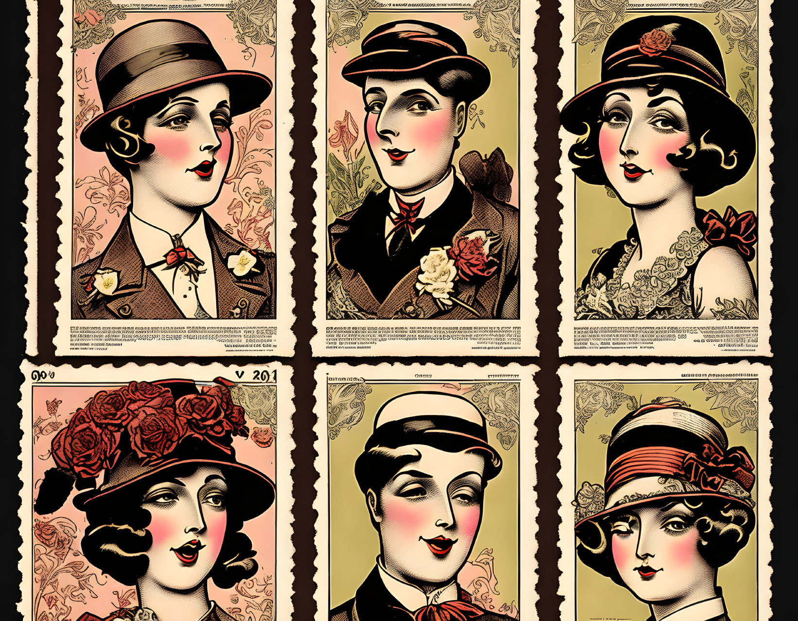 Six Vintage Women in Stylish Hats and Attire, Early 20th Century Stamp Frames