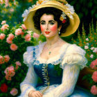 Portrait of woman in blue and white period dress with large floral hat on vibrant background
