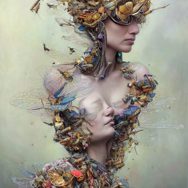 Surreal portrait featuring individuals with insects, jewelry, and wings