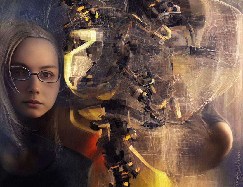 Digital artwork: Young woman with glasses merging with abstract golden mechanical elements