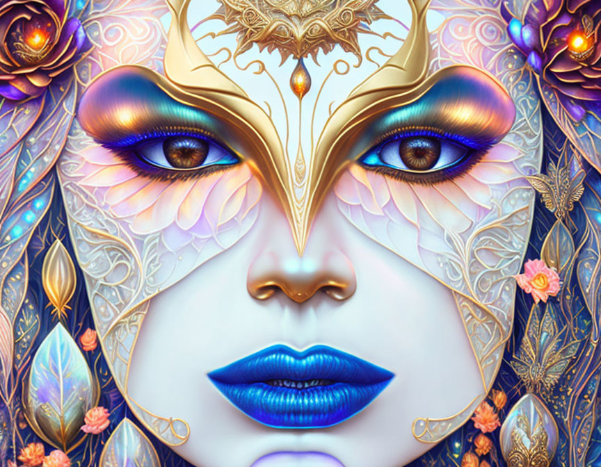 Symmetrical fantasy-themed female face with vibrant blue and purple hues