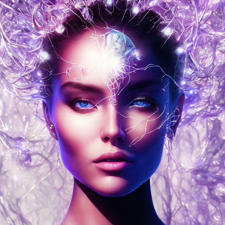 Digital art portrait featuring woman with glowing purple energy and light effects.