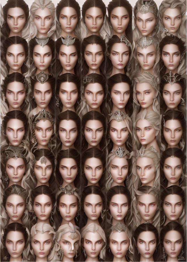 Symmetrical female faces with diverse hairstyles and headpieces in grid layout