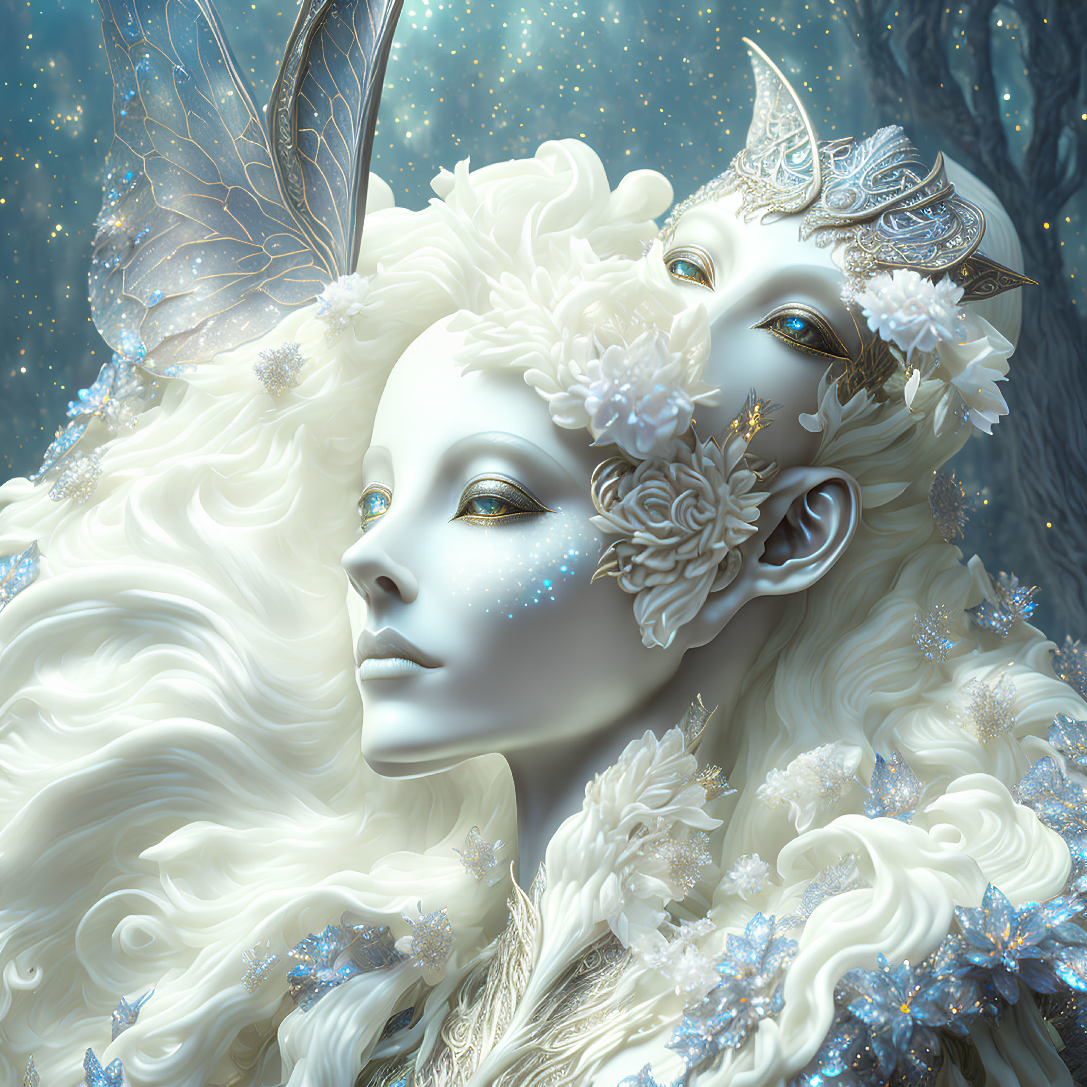 Ethereal being with alabaster skin, silver headpieces, icy blue flowers, and butterfly