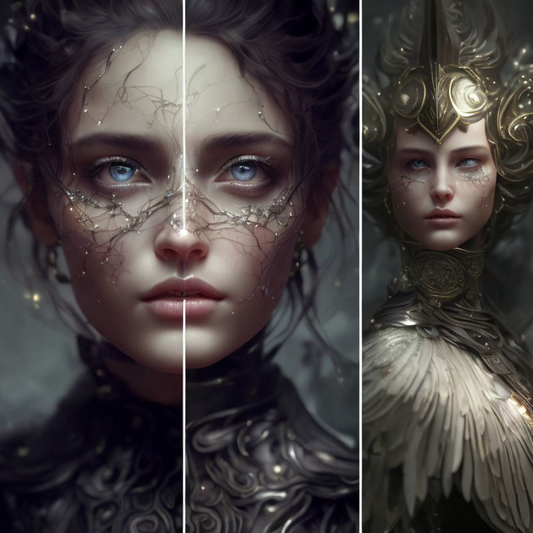 Fantasy Female Character Triptych with Intricate Facial Markings and Ornate Armor